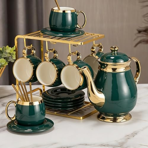 Tazas De Té Y Platillos Set De 20 Piezas, Set De Lujo Con Tetera Y Bandeja, Tazas De Café De Té De La Tarde Con Soporte De Metal, Set De Fiesta De Té De Porcelana Británica Para Cocina,B