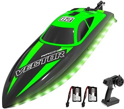 volantexrc Barco Teledirigido RC 2.4GHz - Barco de Carreras 20+ km/h con Luces LED, 2 Baterías, para Piscinas y Lagos - Juguete Acuático para Niños y Adultos (Verde)