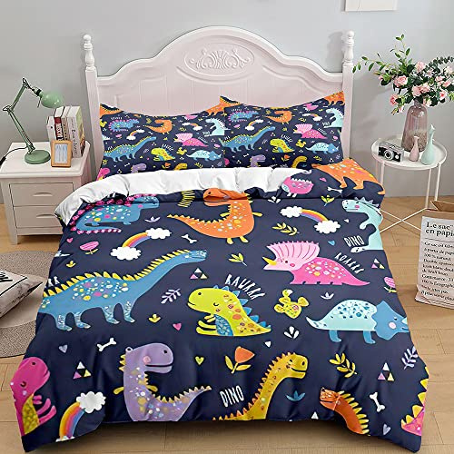 TSOPEFI Ropa de cama infantil con estampado de dinosaurios, linda funda de edredón con estampado de dinosaurios de colores, juego de cama decorativo para niños y niñas (A, 200 x 200 cm)