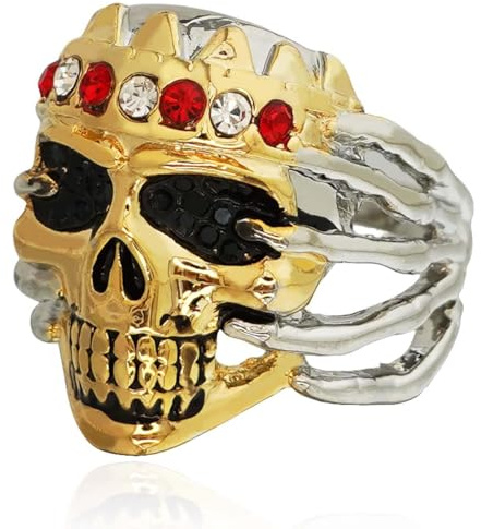 Bague tête de mort pour homme, Bague Roi Crâne Couronne CZ, Anneau gothique de crâne d’oeil noir, Bague à main crâne punk bague de motard d'Halloween, Bijoux crâne ancien pour hommes (Or&Argent, 57)