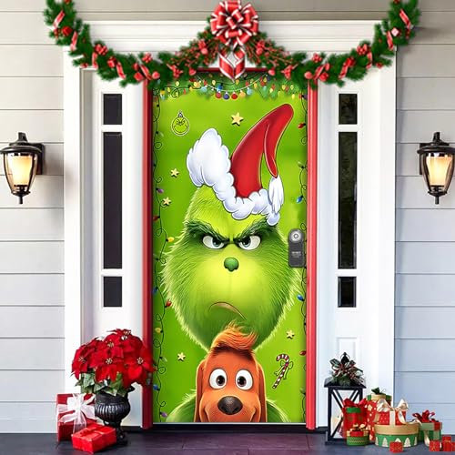 REGAPOG Grinch Weihnachtsdeko Tür, Christmas Door Cover, 91cm x 203cm Weihnachtsmann Tür Decke Weihnachten Tür Hängen Banner Hintergrund, Weihnachtsbanner für Haus Haustür Weihnachten Wand Deko (I)