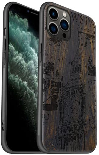 Carveit Coque en Bois pour iPhone 11 Pro Étui Protection Artistique Cover TPU Souple de téléphone Antichoc Compatible avec Apple 11 Pro Etui (Bois Sombre-Big Ben au Milieu du Journal)