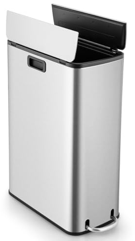 COSTWAY 46L Mülleimer Edelstahl, Küchenabfalleimer mit 2 Deckeln & Pedal & Griffe, Treteimer mit herausnehmbarem Inneneimer, Abfalleimer für Küche, Wohnzimmer, Badezimmer, Büro, 52 x 26 x 68 cm