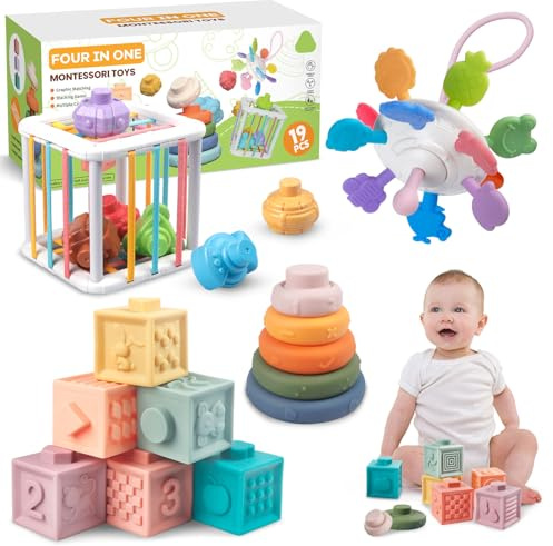 Plunack Jouets Bébés pour 6 à 12 Mois | 4 in 1 Montessori Sensoriel Jouets | Jouet Empilable Bébé | Motricité Cube d'activité Jeux pour Enfants | Jeux Eveil Bebe 6 9 12 Mois Anniversaire Noël Cadeau