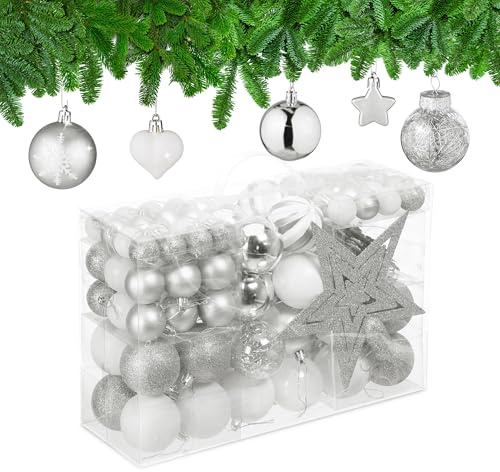 Relaxdays Set 101 Bolas Árbol Navidad, Plástico, Adornos Navideños con Bolitas y Estrella, Decoración, Plateado/Blanco, Varios tamaños