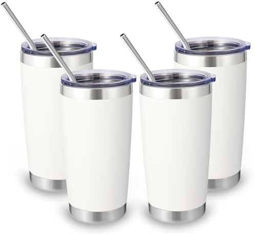 Volhoply 20 oz rostfritt stål tumlare med lock och sugrör storpack 4-pack, dubbelvägg isolerad resa iskaffemugg passar mugghållare, pulverlackerade koppar för varma/kalla drycker, julklappar (vit, 4