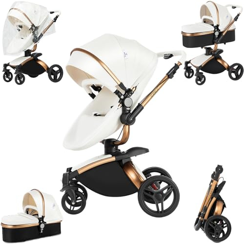 Magic ZC 360° Rotation PU Leather 2 in 1 Baby Stroller, Reversible Newborn Foldable Pram, Infant High Landscape Pushchair, Portable Standard Stroller, Reclining Buggy, Baby Carriage (HR001-White)
