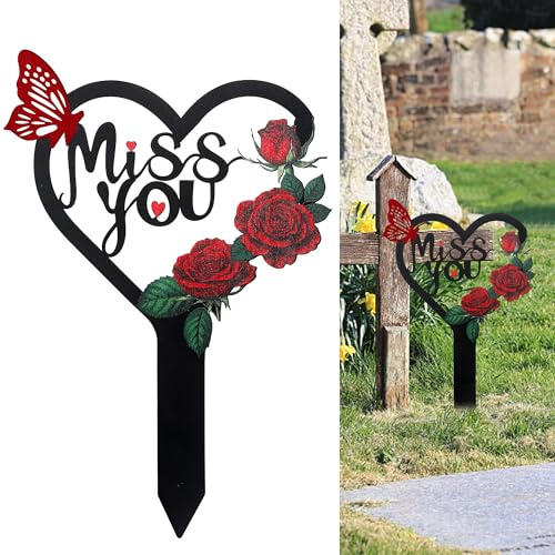 LOSFOTBO Memorial Grave Markers Heart Memorial Plaque Stake Large Cemetery Decorations for Grave Miss You Memorial Metal Grave Markers for Mom Dad Cemetery Outdoors Yard Garden (Heart)
