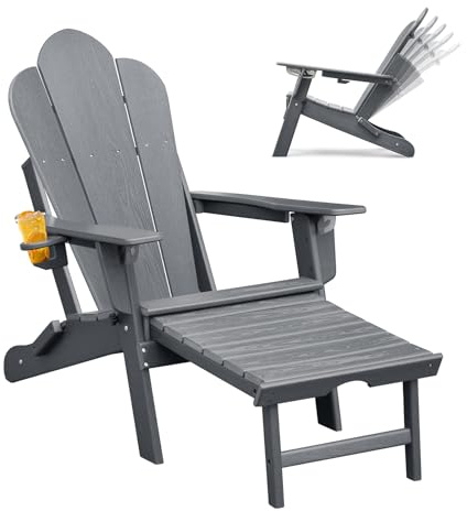 ART TO REAL ATR Klappbarer Verstellbarer Adirondack Stuhl mit ausziehbarem Ottoman,Gartenstuhl mit ausziehbarer Fußruhe,HDPE Liege Outdoor Adirondack Chair mit Tassenhalter, Patio Liegestuhl