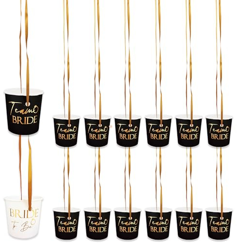 Blue Planet Fancy Dress 16pcs Team Bride Shot Glasses & 1 Bride to Be Shot Glass Paper Cups on Ribbon Necklace Hen Night Party Bachelorette Bridal Shower (Black and Gold)