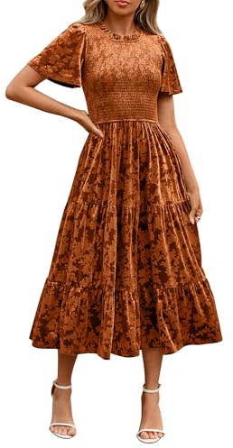 Simplee Samtkleid für Damen, halbformell, kurzärmelig, Blumenmuster, gesmokt, Empire-Taille, Herbst, Winter, Hochzeitsgäste, Erdorange, Groß