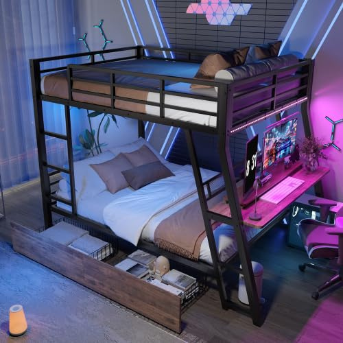 Zepneiy Lit Mezzanine 2 Place avec LED et Tiroirs, lit Mezzanine avec Bureau, Lit Superposé Enfant 140x200 avec échelle et Balustrade, Noir (sans Matelas)