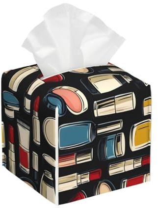 Cosmetics Colorful Print Tissue Box Cover Square, Foldable Modern Leather Cube Tissue Box Holder, Home Decor Accessories for Bathroom, Nightstand, Office Desk, Car, Tabletop