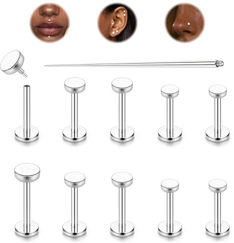 LOLIAS 10 st 16 g titan helix piercing labret knopp tragus piercing platt baksida örhängen internt gängade näsdubbar läpppiercing tragus medusa piercing smycken 6/7/8 mm, 16G (1.2mm), 6mm, 7mm, 8mm
