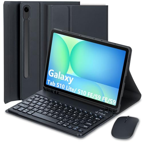 Keyboard Case for Samsung Galaxy Tab S10 Lite/S10 FE/Galaxy S9 FE 10.9 inch/Tab S9/S8/S7 11 inch, UK Layout Detachable Bluetooth Keyboard, Protective Folio Cover with S Pen Holder and Mouse (Black)