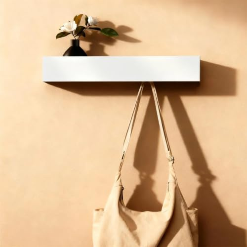 WJUAN 43,5cm Attaccapanni da Parete con Mensola, 5 Ganci Nascosti, Appendiabiti in Legno e Metallo, Ganci Discreti per Ingresso, Camera da Letto, Bagno e Soggiorno, Appendivestiario Bianco