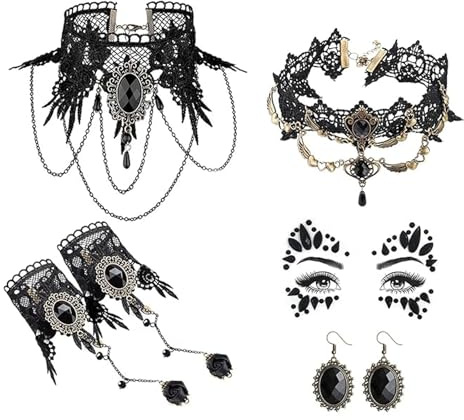 Halloween Gothic schmuck Set, Black Lace Choker Halsketten, Gothic Kette Armbänder Ohrringe, Vampir Accessoires Damen, Mädchen Vampir Kette Frauen, Halloween Karneval Kostüm für Frauen Mädchen