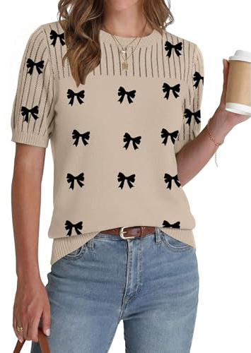Zeagoo Bow Sweater for Women Short Sleeve Blouses Spring Crew Neck Lightweight Sheer Business Casual Tops