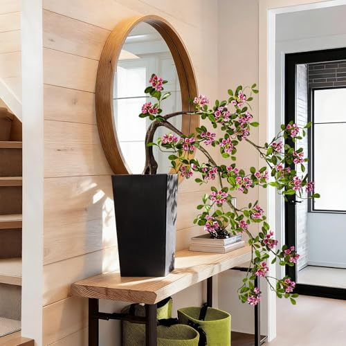 Artificial Spring Flowers Tree with Red Flowers 2.6FT Artificial Plants Tree with Lifelike Leaves in Pot 31in Faux Plant Island Spring Tree Flowers for Living Room Stairwell Patio Decor (Rose Red)