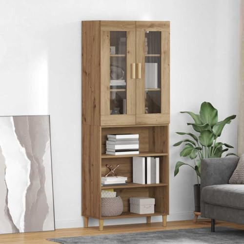 YunCangg Highboard Artisan-ek 69,5 x 34 x 180 cm, modern skänk med förvaringsutrymme och glaselement, köksbuffé och vardagsrumsskåp, köksmöbler för matsal och vardagsrum
