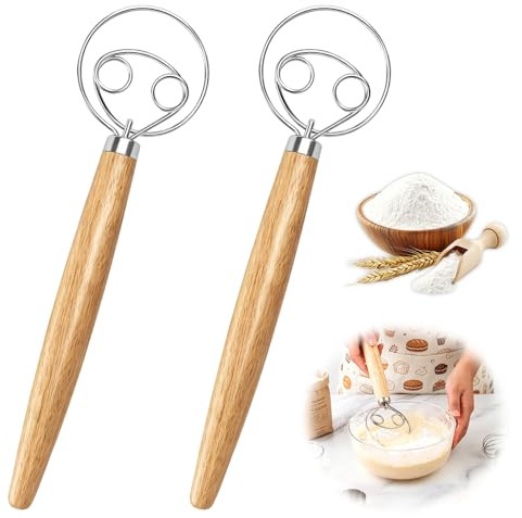 2PCS 304 Batteur à Pâte Manue, Fouet à Pâte Danois en Acier Inoxydable avec Manche Ergonomique, Mélangeur à Pain, Outil pour Pâtisserie, Gâteaux, Pizza, Mélange Rapide Sans Électricité
