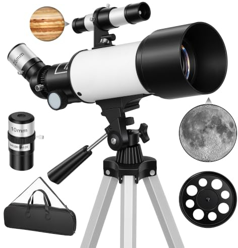 Outsunny Télescope Astronomique pour Adultes et Débutants 70 mm Blanc | Télescope Réfracteur 40X/16X avec 2 Oculaires, Trépied Ajustable, Filtre Lunaire Portable, Sac de Transport