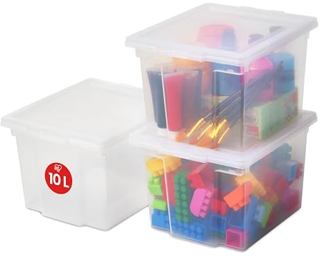 Iris Ohyama Scatole Portaoggetti, 10L, Set di 3, Trasparente, Chiusura facile, Impilabile, Plastica Trasparente, Per Armadio, Scaffali, Organizzazione, Vestiti, Coperte, Forniture per garage, USB-S