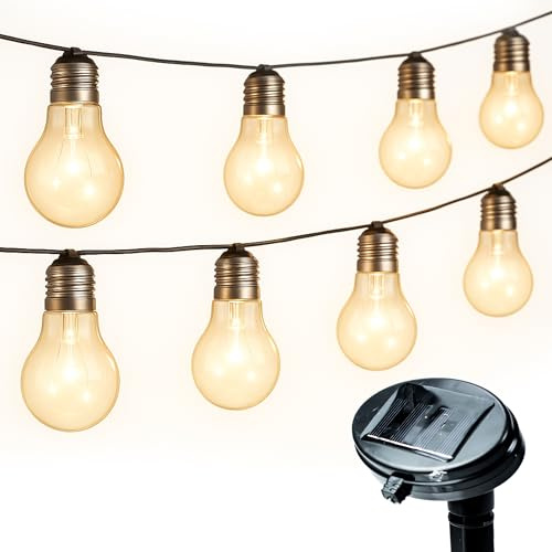 Status Canberra Solar Light String / 10 Clear Warm White Outdoor Garden LED Light Bulbs with 2 Functions / 5 LED's per Light Bulb / 3.8 Meters Cable Length/Rechargeable Battery Included