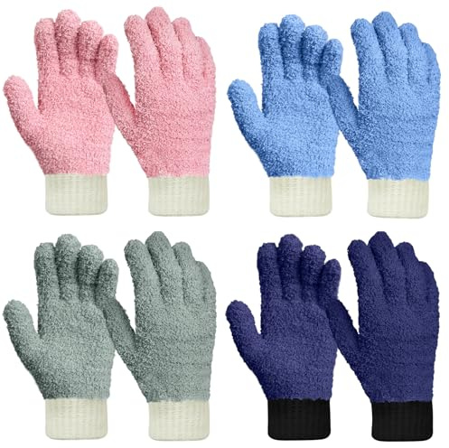 MIG4U Lot de 4 paires de gants en microfibre – Gants d'époussetage pour le nettoyage de la maison – Outil de nettoyage lavable pour stores (bleu/rose/gris/bleu marine, taille S/M)