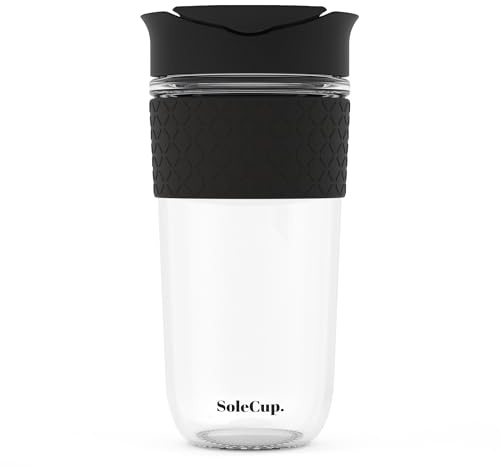 SoleCup. - Reusable Strengthened Glass Travel Cup - Spill Proof Coffee Mug - 18oz/530ml BPA-Free Hot Drink Travel Mug with Lid & Silicone Band (Black, 18oz / 530ml)