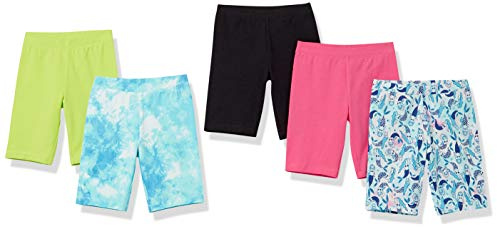 Amazon Essentials Girls' Midi Cycling Shorts, Pack of 5, Black/Blue Mermaids/Green/Pink/Tie Dye, 4 Years