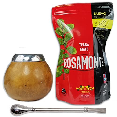 Rosamonte Yerba Mate Tee Set Tradicional Zip 250g | 1x Mate Becher Leopardenfarbe aus Kürbis (Kalebasse), 1x Strohhalm - Bombilla | Detox und Energie Getränk
