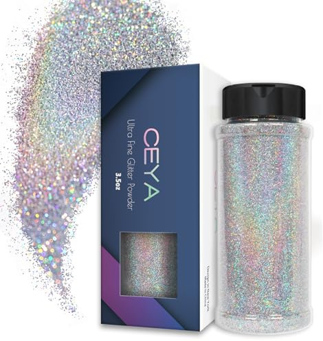 Ceya Ultrafeine Paillettenpuder von 0,2 mm für Slime, Epoxidharz, Becher, Schmuck, Nagelkunst, Festival, Make-up, Malerei, Hochzeitskarten - Laser Silber - 100 g