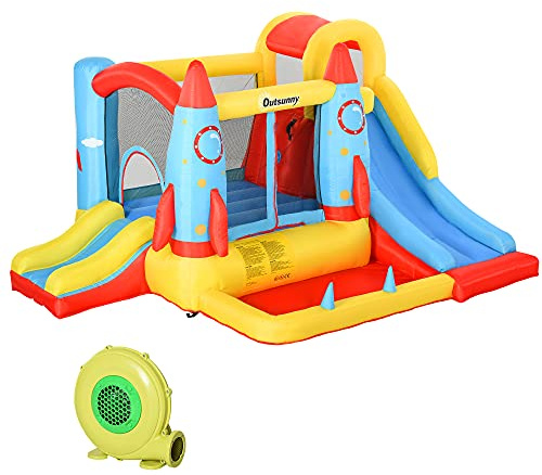 Outsunny Castillo Hinchable con 2 Toboganes Cama de Salto y Piscina para Niños +3 Años con Inflador y Bolsa de Transporte para Interior Exterior 330x265x185 cm Multicolor