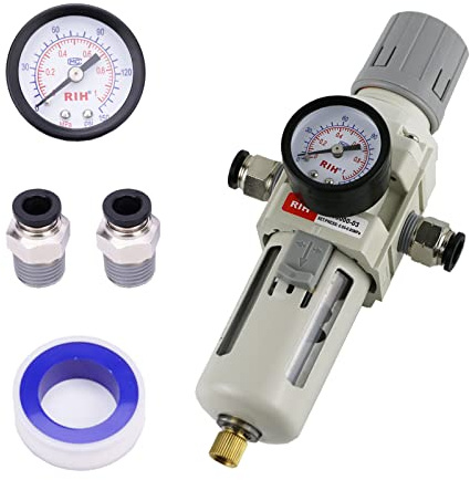RIH 3/8NPT Air Filter Pressure Regulator Combo Piggyback, 5 Micron Brass Element, Poly Bowl, Semi-Auto Drain, Metal Bracket, 0-150 psi Gauge Air Tool Compressor Filter with Gauge (3/8NPT)