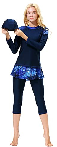 Odizli Burkini Damen Muslim Muslimische Badeanzug Full Cover Schwimmanzug Tankini Rashguard Islamisch Arabisch Jilbab Langarm Schwimmoberteile+Shorts Badehose+Hijab 3tlg Modest Bademode Blau M