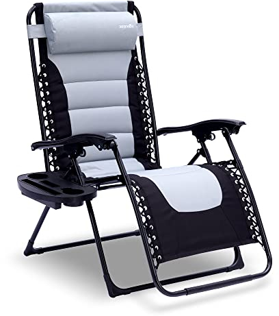 SereneLife Gartenliege, Liegestuhl, Sonnenliege klappbar mit Stufenlos verstellbare Positionen, Kopfstütze & Getränk & Handyhalter, Liegestuhl Garten, Relaxliege aus rostfrei Stahlramen, Schwarz/Weiss