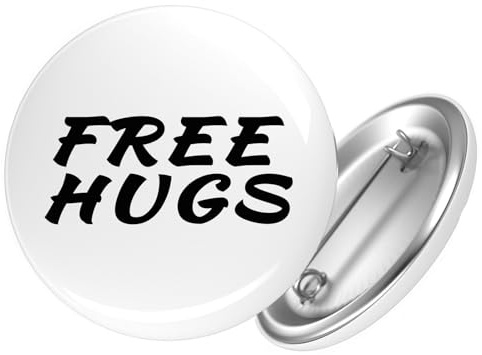 Huuraa Button Free Hugs Schriftzug Geschenk | 25mm Pin Accessoire rund mit Sicherheitsnadel Ansteckbutton Geschenkidee Anstecknadeln für Jacken Rucksäcke