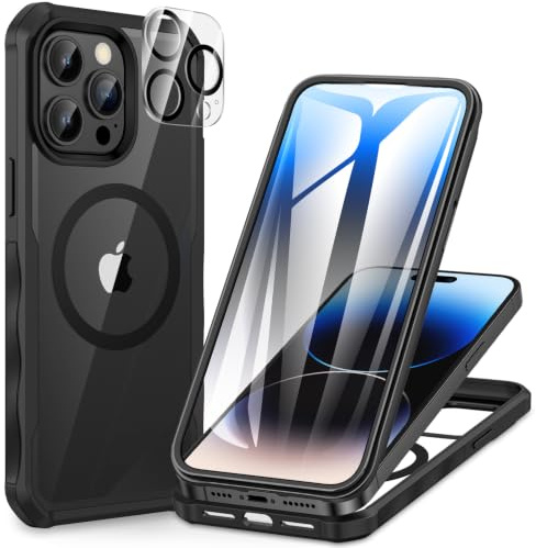 CENHUFO für iPhone 14 Pro Hülle, Kompatibel mit MagSafe Eingebautem Panzerglas Displayschutz und Kameraschutz 360 Grad Schutzhülle Stoßfest Cover Case Magnetisch Handyhülle iPhone 14 Pro - Schwarz