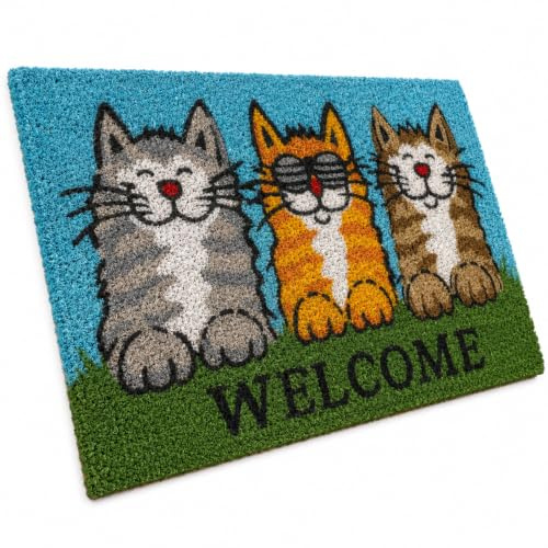 Entrando Fußmatte Kokos außen 40x60 cm, Welcome mit Katzen | Rutschfeste Kokosmatte mit grinsenden Katzen - lustige Welcome Türmatte, dichter Flor, für die überdachte Haustür