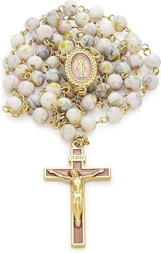 Mondo Cattolico - Rosario Católico de la Virgen Milagrosa con Vidrio Variegado en una Cadena de Latón dorada - Ideal regalos religiosos (Blanco)