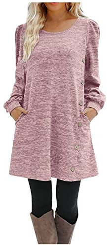 Glitzer Kleid Damen Festliche Kleider Für Damen Kostüm Mädchen Rundhals Einfarbig Kleider Mit Knöpfen Langarm Kurz Freizeitkleid Mit Taschen Abendkleid Warm Minikleid Herbst Winter Rosa M