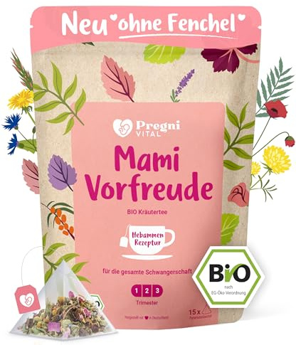 PregniVITAL Mami Vorfreude – BIO Schwangerschaftstee 1. 2. 3. Trimester – Hebammen-Kräuter für die gesamte Schwangerschaft – ein schönes Geschenk für Schwangere und werdende Mütter – 15 Teebeutel