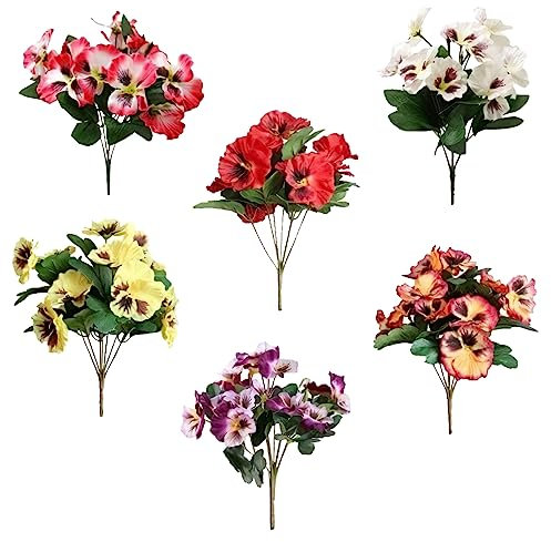 ONMDQS 6PCS Artificial Flower Plants,Small Wild Flowers Decoration Artificial Plastic Silk Bouquets Fake Plants Pansy for Family Garden Decorations (pink+yellow+red+white+purple+Sunset red)
