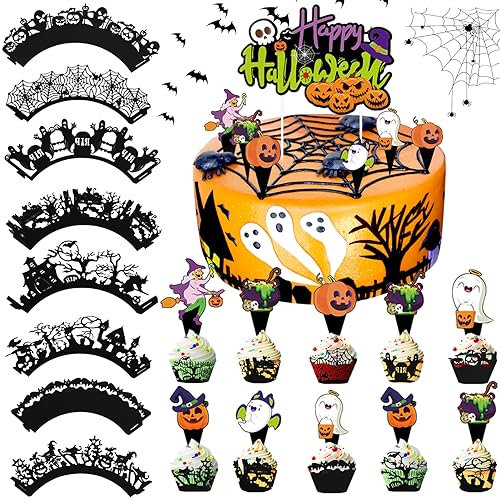 Shinybox Halloween Cupcake Dekorationen Set - 40 Wrappers, 1 Große Kuchendekoration, 24 Cupcake Dekorationen für Themed Party mit Spinne, Geist, Kürbis Decor (B)