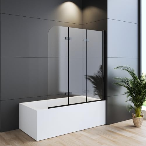 WDWRITTI Duschwand für Badewanne 120x140cm Faltbar 3-teilig Schwarz, Badewannenaufsatz Duschtrennwand aus 6mm ESG Sicherheitsglas mit Nano Beschichtung, Duschabtrennung für Badewanne