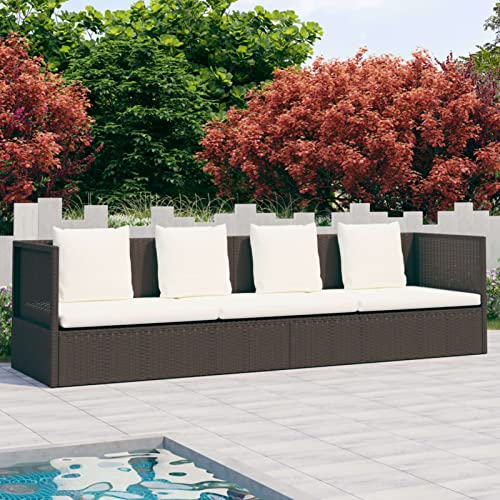 ZEYUAN Outdoor-Lounge-Bett mit Polster & Kissen, Sonnenliege, Gartenliege, Outdoor Sofa, Balkon Möbel, Balkon Liegesofa, Balkonsofa, Liegewiese Outdoor, Poly Rattan Braun