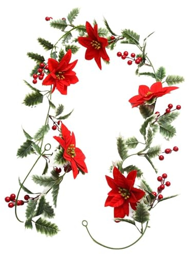 Colcolo Christmas Garland with Lights, Red Berries Lighted Garland, Artificial Christmas Red Flower Garland for New Year Indoor, White Edge Leaves