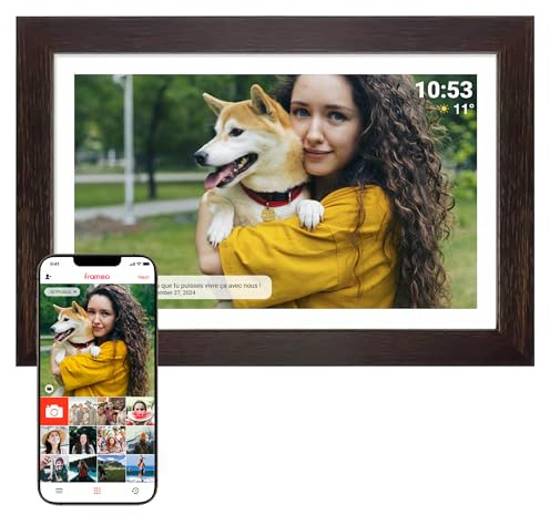 Denver PFF-1543DW Digitaler Wi-Fi Bilderrahmen – 15,6 Zoll Full HD IPS Touchscreen, Integrierte FRAMEO Software, Drahtloses Teilen, Timer-Funktion, Holzrahmen dunkel | Dunkel