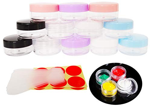 Wopanxye 12 Stück 10 Gramm Dosen Leere mit Deckel Transparente Kosmetikbehälter plastik Pot für Creme, lippenbalsam und Lotion, Lidschatten, Flaschen Behälter mit Free 12 Stück Mini Spatulas Labels